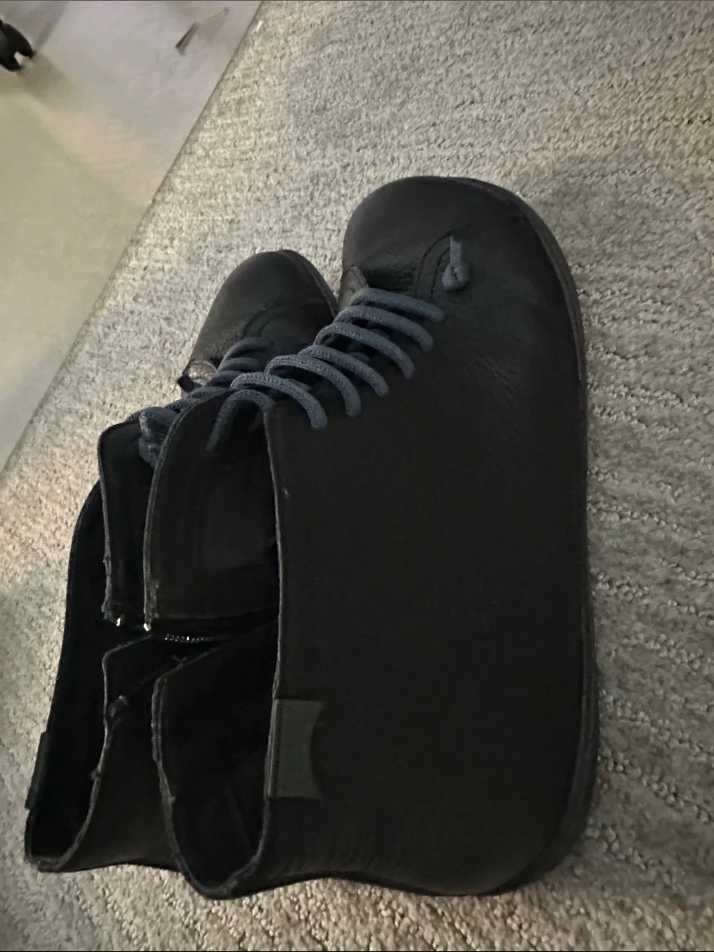 Camper Men's Black Leather Boat Shoes with Dark Blue Laces